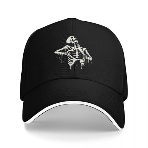 Casquette de baseball noire squelette avec graphisme d'horreur unique et bordure blanche