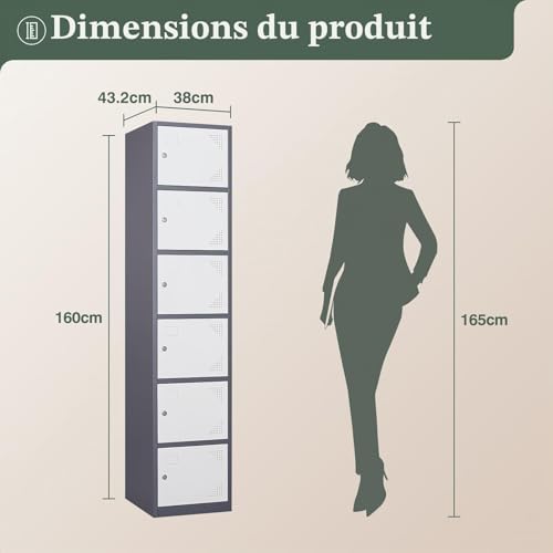 Sightlife Armoire de Rangement avec Étagères pour Bureau École Vestiaire Armoire à casiers 6 Portes Gym Acier Laqué 160 * 38 * 43.2cm Gris/Blanc – vue 3