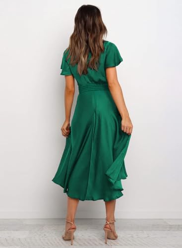 Image of miduo Womens Satin V Neck Ruffle Short Sleeve Tie Front High Waist Midi A-Line Maxi Dresses