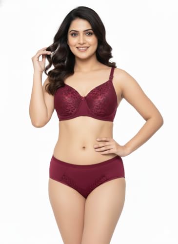 Image of Kinzie Elegant Floral Jacquard Lingerie Set, Grey Brown Maroon Bra and Brief, Comfortable Full Coverage Underwear Set, Padded Bra, Lingerie Set, Honeymoon Bikini Set,