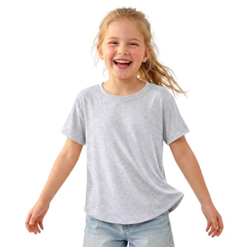 Image of WELAKEN Girls Soft T-Shirt with Curved Hem, Breathable Stretchy Rayon Crewneck Short Sleeve Tees, Kids Everyday Basic Top