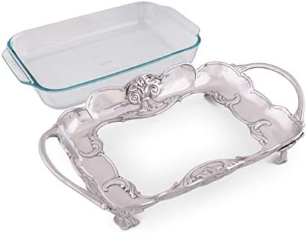 Arthur Court Metal Pyrex Glass Casserole Dish Holder Fleur-De-Lis Pattern Sand Casted in Aluminum with Artisan Quality Hand Polished Design Tarnish-Free 17 inch Long 3 Qt Removable Dish Included - Thumbnail 4
