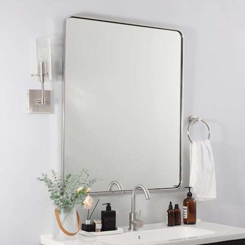 Image of ANDY STAR Chrome Bathroom Mirror, 30x36'' Rounded Rectangle Mirror Polished Silver Bathroom Vanity Mirror Metal Framed, SUS304-Anti-Rust, Tube Frame, Wall-Mounted Horizontal /Vertical 1'' Deep