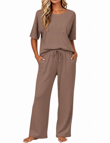 Image of JiniGolla Womens Pajama Sets Waffle Knit Short Sleeve Shirt with Long Pajama Pants Soft Sleepwear Pj Lounge Sets