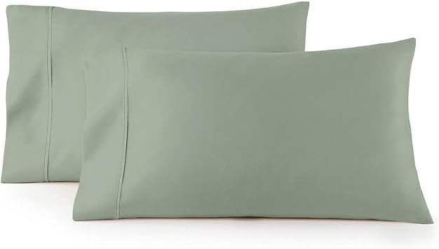 Pizuna 100% Cotton Queen Size Pillow Cases 210 Thread Count, Sea Foam | Long Staple Combed Cotton Percale Weave Set of 2 Pillowcases, Standard Size Pillow Covers with Stylish 4" Inch Hem