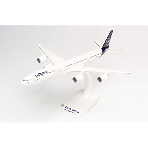 Herpa Snap-Fit Model Airplane Airbus A340-600 Lufthansa Lübeck, Airplane, Miniature in Scale 1:250, Collector's Item, Model with Stand, Plastic Cover