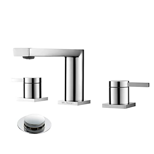 Luxury Brass Widespread Bathroom Sink Faucets with Copper Valve for 3 Hole 2-Handle 8 Inch Deck Bathroom Vanity Faucet, &Stainless Steel Pop-up Drain Assembly, Chrome