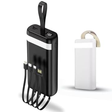Carregador Portátil Power Bank 20000 mAh Turbo Carregamento Rápido 3.1A, Powerbank com 4 cabos Integrados (USB-C, USB, Lightning) Led Bateria, Lanterna. Compatível com Android e IOS - Premium (Preto)