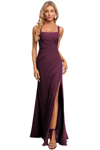 Women's Chiffon Bridesmaid Dresses with Slit Square Neck Long Formal Evening Dress with Pleat TM133