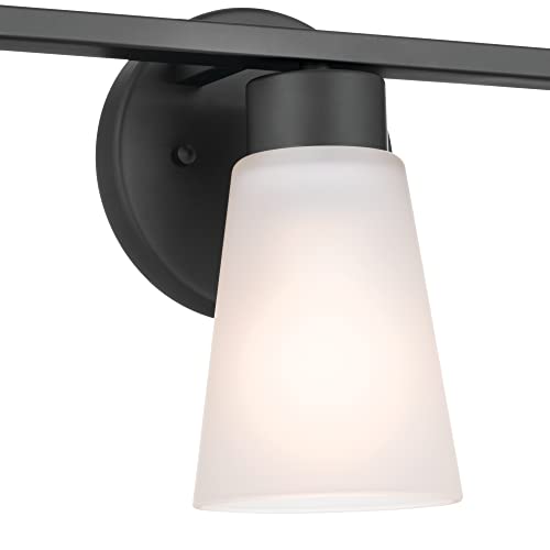 Image of Kichler Stamos 3-Light Bathroom Vanity Light Fixture with Satin Etched Glass Shades, 22 in Modern Wall Light in Black for over Mirror (22 in x 5 in x 8 in), 52608BK