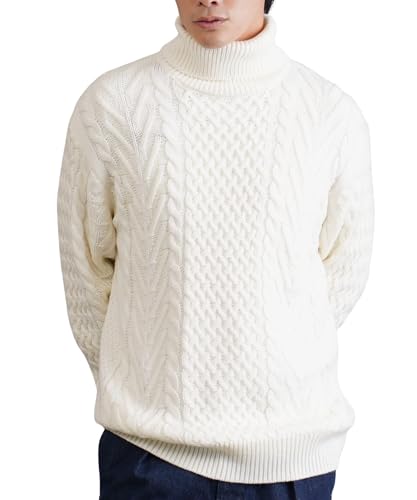 [JIGGYS SHOP] ジギーズショップ アランニット｜S cホワイト セーター ケーブルニット ケーブル編み モックネック クルーネック タートルネック 秋 冬 厚手 ペア お揃い ユニセックス 黒 白 茶色 青 低刺激 シンプル 大人 紳士 着回し ゆったり 大きめ