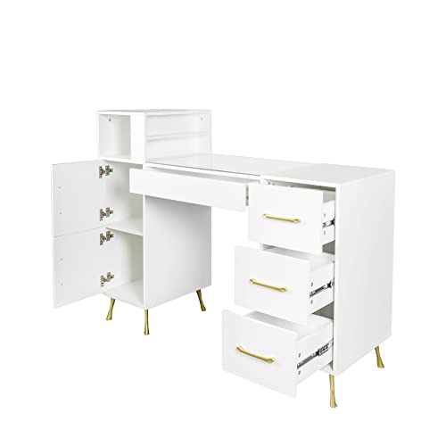 Furnicare Manicure Table, Nail Makeup Desk With Drawers, Nail Table For Nail Tech, Makeup Storage, Resistant Beauty Salon Desk Nail Art Equipment With Metal Handles, Golden Legs, White #TOP2