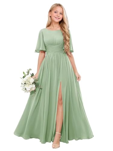 Clothfun Chiffon Scoop Neck Junior Bridesmaid Dresses Flutter Sleeve Flower Girl Dress for Wedding CY2552