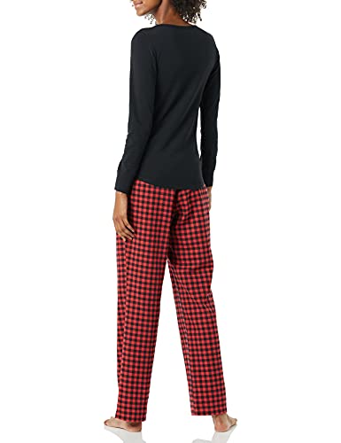 Amazon Essentials Conjunto para Dormir Ligero con Pantalón de Franela y Camiseta de Manga Larga Mujer, Rojo/Negro, Cuadros de Vichy, XL