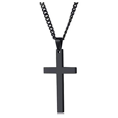 FOSIR Stainless Steel Black Cross Necklace for Men Women, 22-24inch Polished Curb Chain Cover