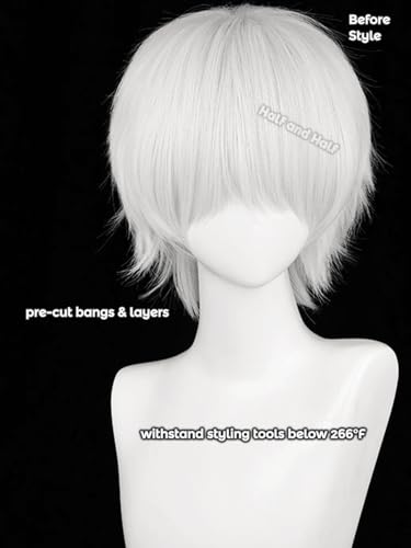Image of Half and Half Short White Anime Cosplay Wig for Men Silver White Male Wigs with Bangs Synthetic Hair Wigs for Unisex Women Halloween Party Costumes