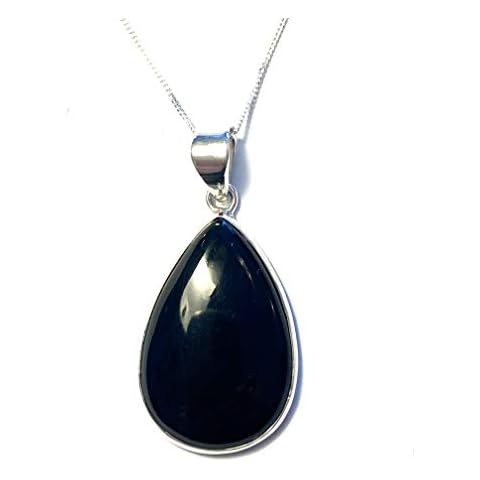 925 Sterling Silver Real Whitby Jet Medium Teardrop/Pear Shaped Pendant (20X30mm) and Curb Chain - Delightful Jewellery - A Unique Present for the one you love Cover
