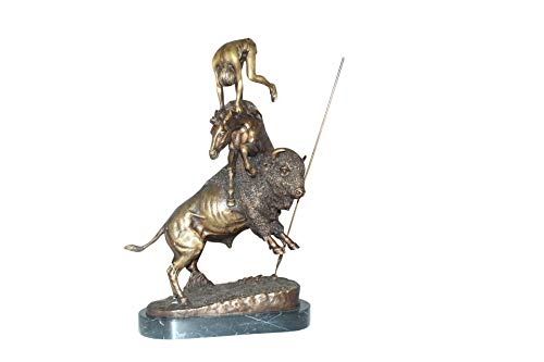 Estatua de bronce búfalo y caballo estilo Remington 20" H x 14" L x 6" W