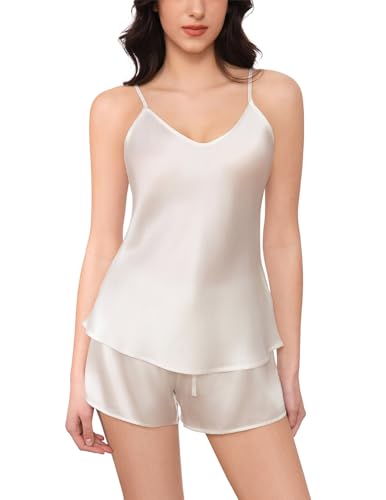 Image of THXSILK Silk Women's Pajama 2 Piece Set 6A+ Grade 100% Mulberry Silk Nightgown Soft Luxury V Neck Cami Shorts Sets Sleepwear