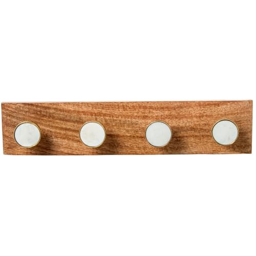 DRW Wandgarderobe aus Holz mit 4 Haken aus Marmor, Metall und Harz in Natur und Weiß, 10 x 45 x 7 cm