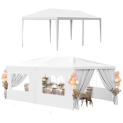 White Party Tent 10x20 Outdoor Canopy Tents for Parties Heavy Duty Patio Gazebo Shelter with 6 Removable Sidewalls Wedding BBQ Events Tent for Birthday Graduation Backyard Garden