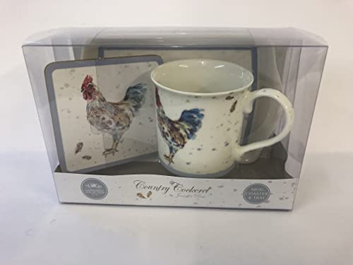 Image of Lesser & Pavey Fine China/Porcelain Country Cockerel Mug Coaster and Tray, Multi-Colour