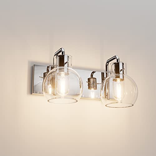 Image of Tipace Chrome Vintage Bathroom Vanity Light,2 Lights Modern Stainless Steel with Globe Clear Glass Bathroom Light Fixtures Industrial Wall Mount Lighting Sconce(Exclude Bulb)