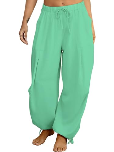 Image of Women's Linen Balloon Barrel Beach Pants Boho Harem Flowy Drawstring Casual Loose Pants with Pockets