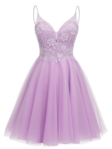 Image of Sparkly Tulle Homecoming Dresses Short Lace Prom Dresses for Teens V Neck Beaded Cocktail Dresses