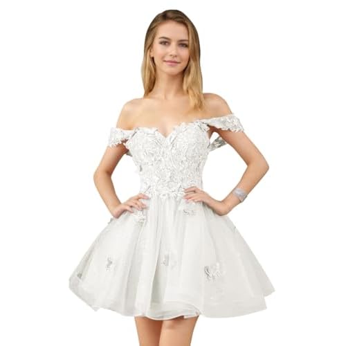 Glitter Tulle Homecoming Dresses for Teens Beaded Off Shoulder Short Prom Dresses Lace Cocktail Mini Dress One Size Ivory