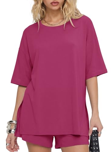 Image of Darong Women's 2 Piece Shorts Set Loungewear | oversized tshirts,crew neck top,drawstring shorts,elastic waist, side pockets,summer travel outfits