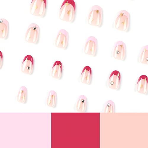 Imsohot Short Press On Nails Oval French Tip Fake Nails Acrylic Glossy False Nails Glue On Nails Pink Round Nails With Rhinestone Designs 24Pcs #TOP2