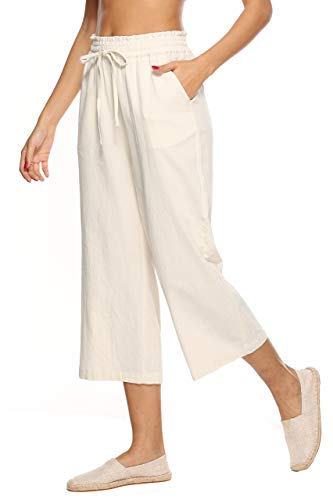 Lnx Women's Linen Pants High Waist Wide Leg Drawstring Casual Loose Trouser Beige #TOP2