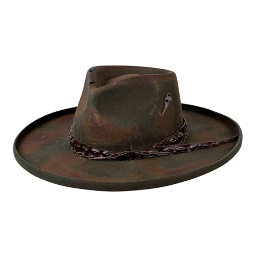 Image of RUEDIGER Vintage Pencil Brim Fedora Hats 100% Wool Felt Hat Panama Rancher Hat with Lightning Logo Handmade Distressed /Burned