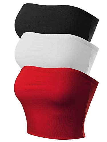 MixMatchy Women's Causal Strapless Double Layered Basic Sexy Tube Top 3PACK - Black/White/Red S