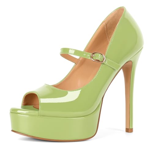 Image of SAMMITOP Women's Peep Toe High Heels Platform Stiletto Pumps Patent Mary Jane Heels 5.5 inch Party Wedding Dress Shoes