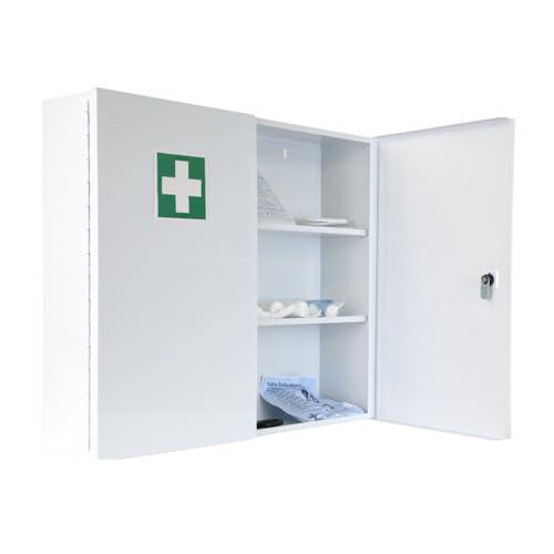 First Aid Products Verbandschrank G – Medizinschrank XXL mit DIN 13157:2021 Füllung, Metall, zweitürig - 3 Fächer, abschließbares Medikamentenfach – Wand Montage - Weiß 60 × 50 × 13 cm