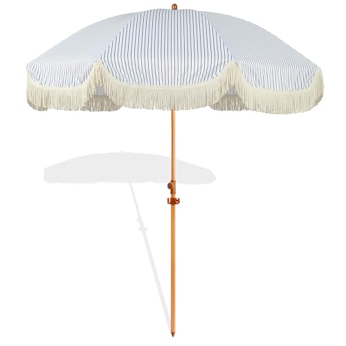 Seazul 7.5ft Patio Umbrella with Fringe, Beach Umbrella, Fringe Umbrella Outdoor Patio with Hanging Hook, Tilting Aluminum Pole, UV 50+, Fiberglass Ribs, Blue White Stripe