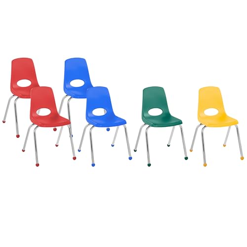 Image of Factory Direct Partners 16 inch School Chairs, Stackable Kids Classroom Chair, Set of 6 Stacking Student Chair with Ball Glides For 4th-6th Grade, Elementary, Middle & After-School, Assorted Colors
