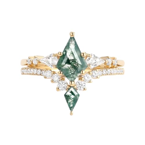 Center 1.5 Carat Kite Cut Moss Agate Wedding Ring Sets for Women 2pcs Moissanite Bridal Sets 10K 14K 18K Gold Platinum Plated Natural Moss Agate Ring2