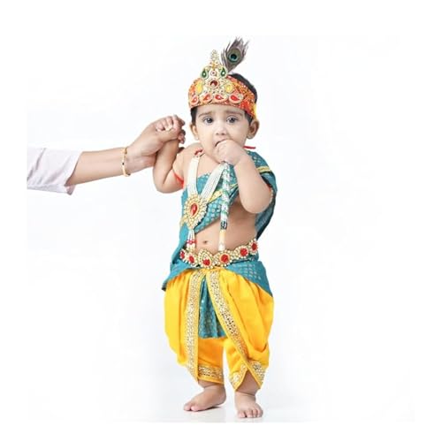 Image of Krishna Dress for Kids - FancyDress for Boys & Girls | Bal Krishna with Mukut, Flute & Accessories (Set of 10)| Janmashtami