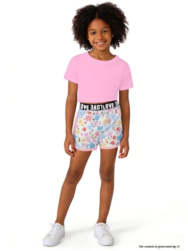 Image of Betusline Girls Summer 2 Piece Outfits,Kids Short Sleeve Crop Top & Shorts Set with Side Pockets