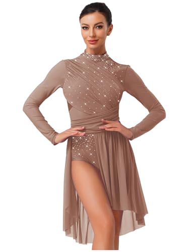 inlzdz Lyrischer Tanzanzug Für Damen Langärmlig Unregelmäßiger Ballettrock Leotard Zeitgenössisches Tanzkleid Altrosa S