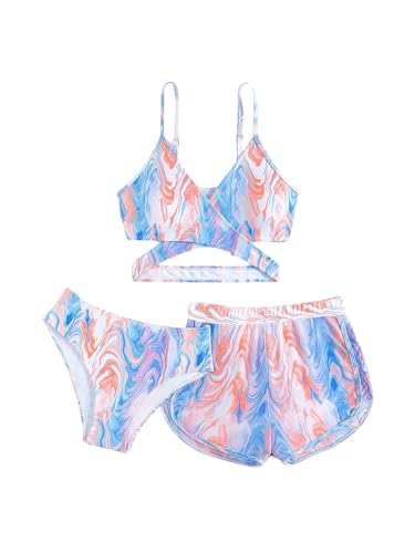 Image of WDIRARA Girl's 3 Piece Swimsuits Criss Cross Wrap Front Swimwear Set Marble Print Swimsuit with Beach Shorts