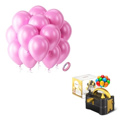 Image of Bezente Pearl Pink Balloons Latex Party Balloons - 100 Pack 12 inch Round Helium Light Pastel Baby Pink Balloons and Electric Balloon Pump