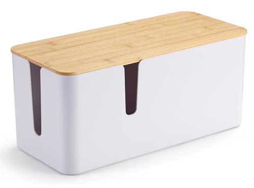 ZhiYo Bamboo Lid Cord Organizer Box, Safe ABS Cable Management Box for TV and Computer, Wood Cover Cord Hider to Hide Wires, Router, USB Hub & Under Desk Power Strip, 1 Pack L13.1 xW5.6 xH5.6 White