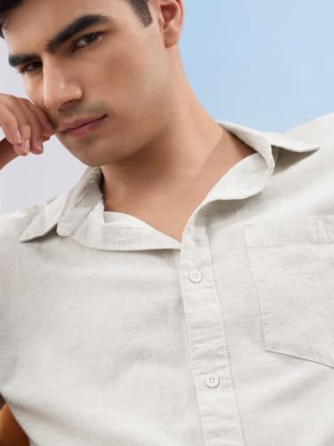 Image of The Souled Store Solid Linen: Beige Color Men and Boys Regular Outdoor Fit Full Sleeve Collared Neck Spread Collar Casual Wear Stylish Comfortable Premium Elegant Cotton Shirts