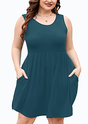 Image of AusLook Plus Size Summer Tank Dress for Women Casual Sleeveless Crewneck Pleated Babydoll Swing Sundresses with Pockets 1X-5X