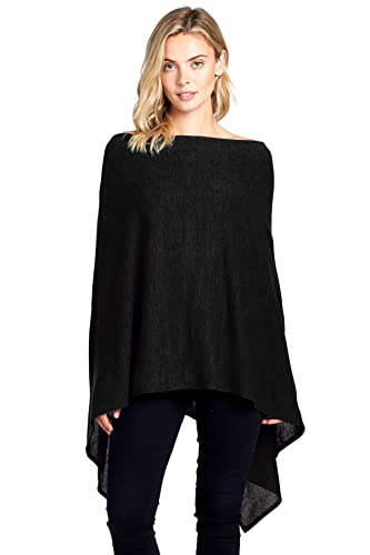 Modern Kiwi Solid Long Knit Asymmetric Wrap Poncho Topper Black One Size