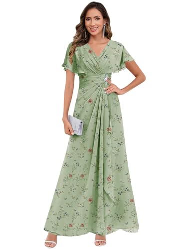 GUKARLEED Women’s Ruffles Floral Mother of The Bride Dresses with Beaded Sleeves Long V Neck Formal Dress for Wedding Guest